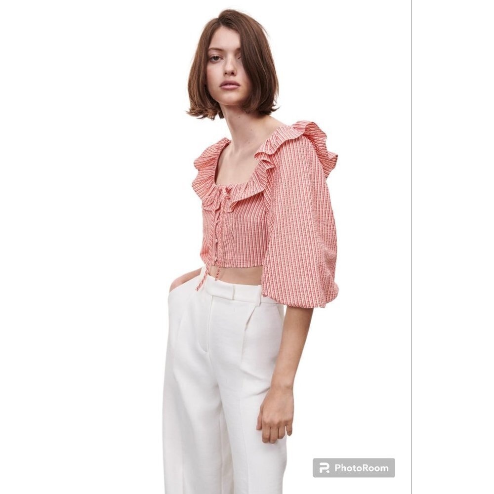 ZARA STRIPED TOP WITH FLARED CUFFS RED/WHITE SIZE S 3666/073